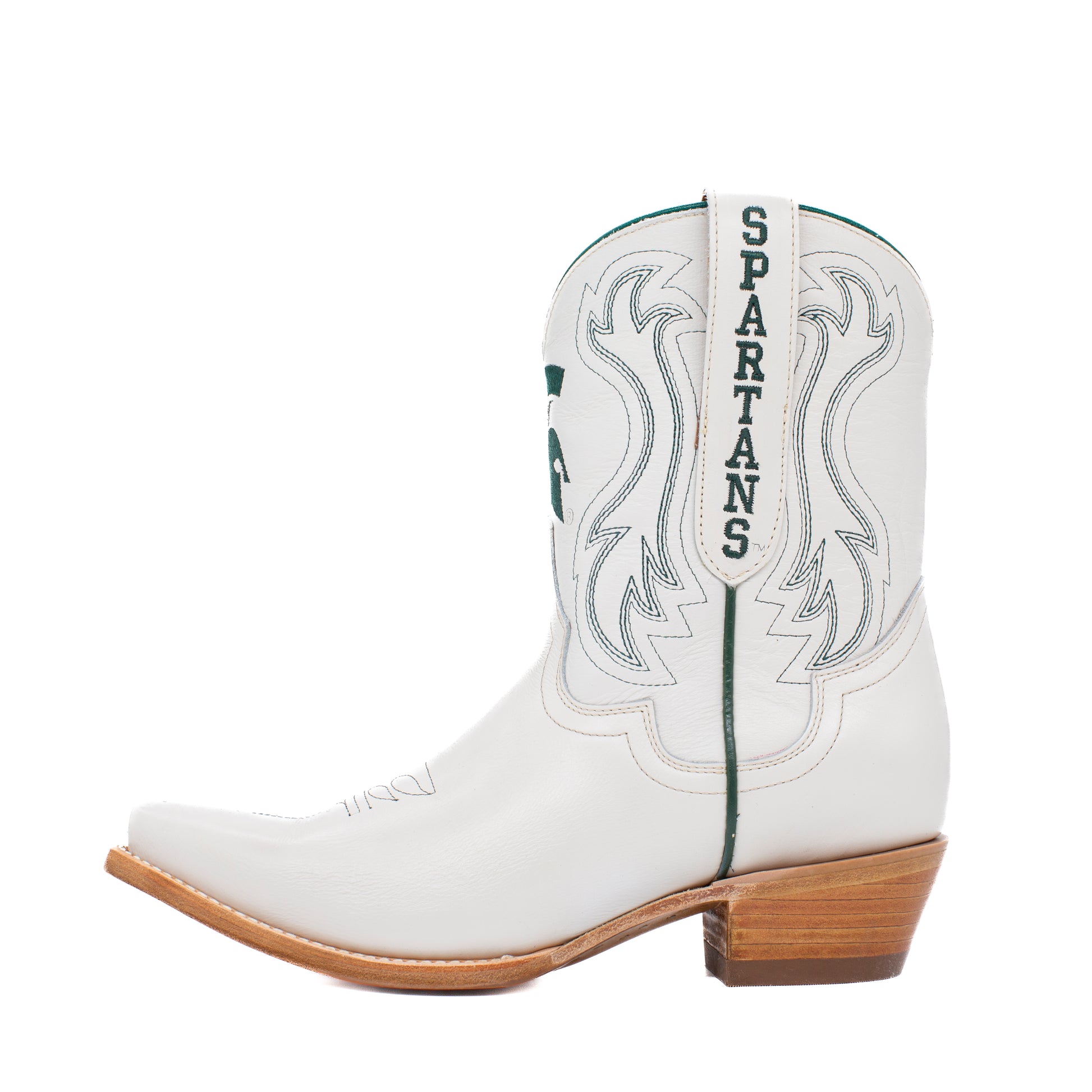 A white leather cowboy boot with green and white embroidered details, featuring the word 'SPARTANS' on the pull tab and a green Spartan logo on the shaft. 