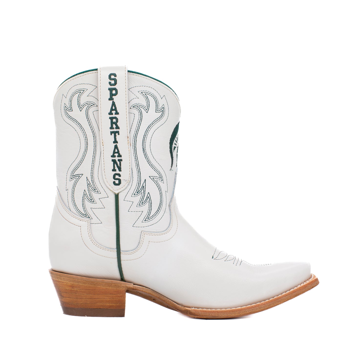 A white leather cowboy boot with green and white embroidered details, featuring the word 'SPARTANS' vertically stitched on the shaft and a green Spartan helmet logo on the side. 