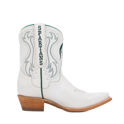 A white leather cowboy boot with green and white embroidered details, featuring the word 'SPARTANS' vertically stitched on the shaft and a green Spartan helmet logo on the side. 