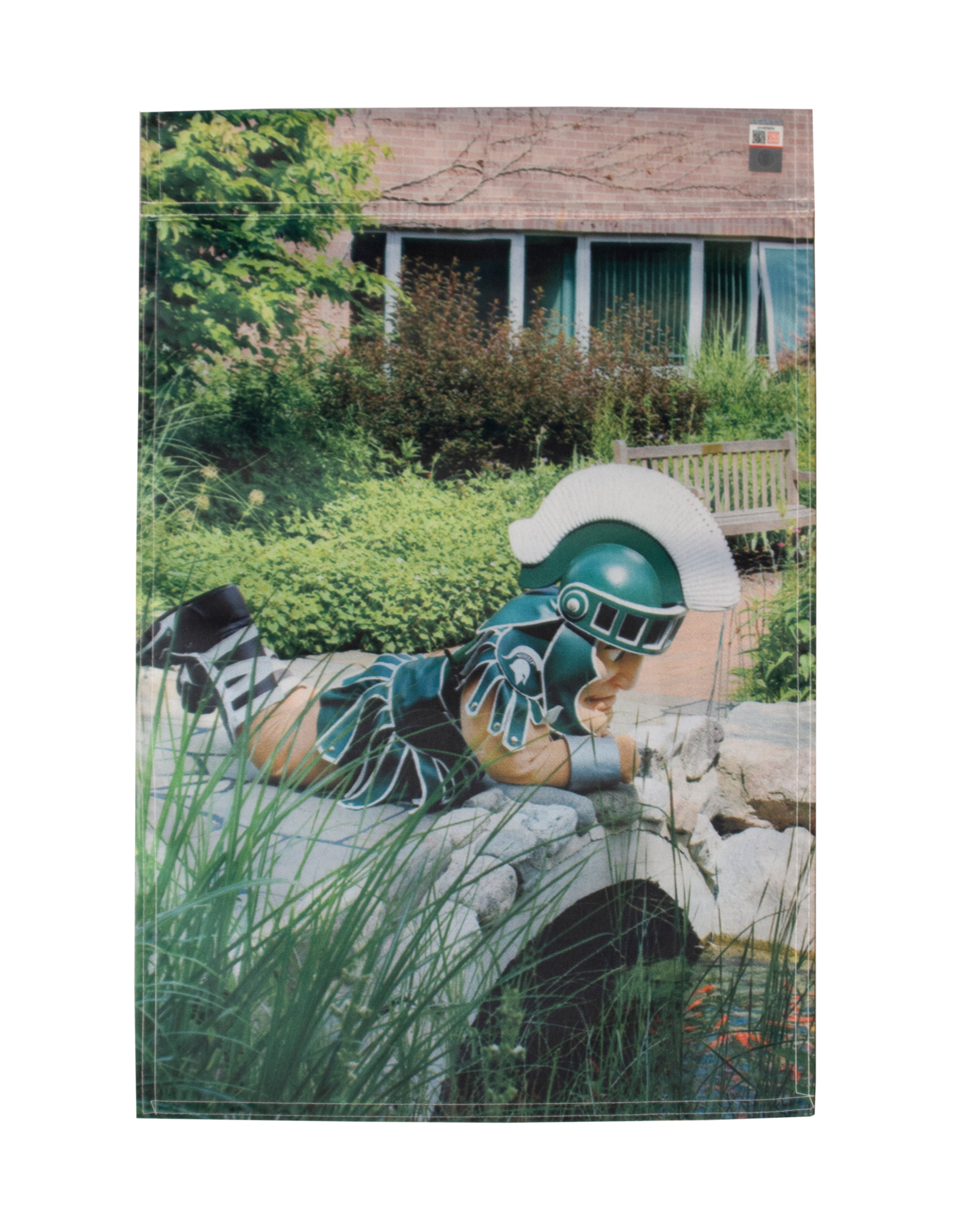 Flag image with Sparty laying on the bridge over a Koi pond in the Healing Gardens. 