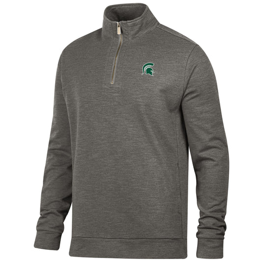 Gray quarter-zip pullover with small green Spartan Helmet logo on chest.