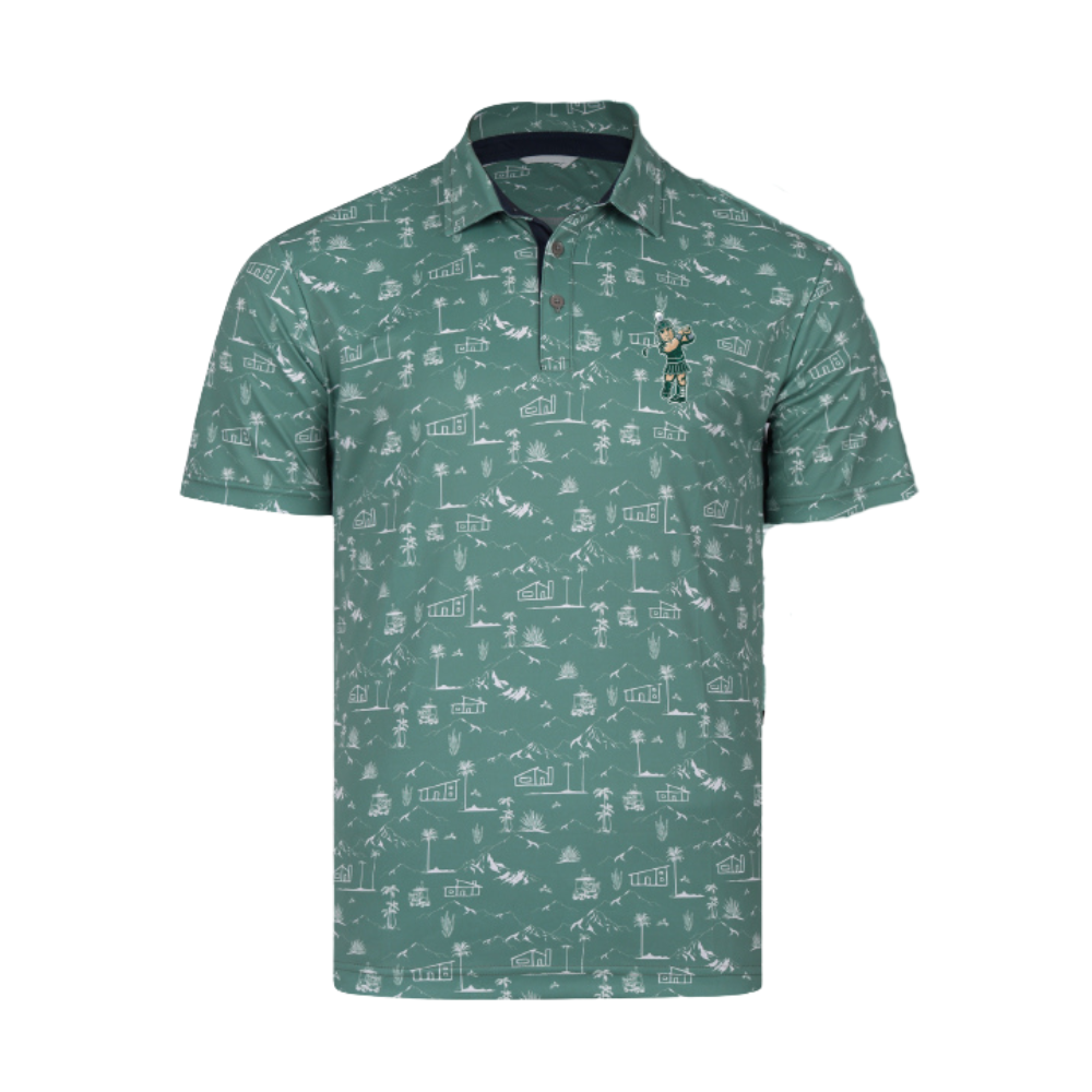 Green polo with a three-button placket, beachy pattern, and Golf Sparty logo on the upper left chest. 