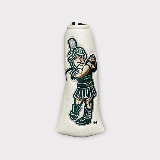 A white leather head cover featuring an embroidered golfing Sparty logo.