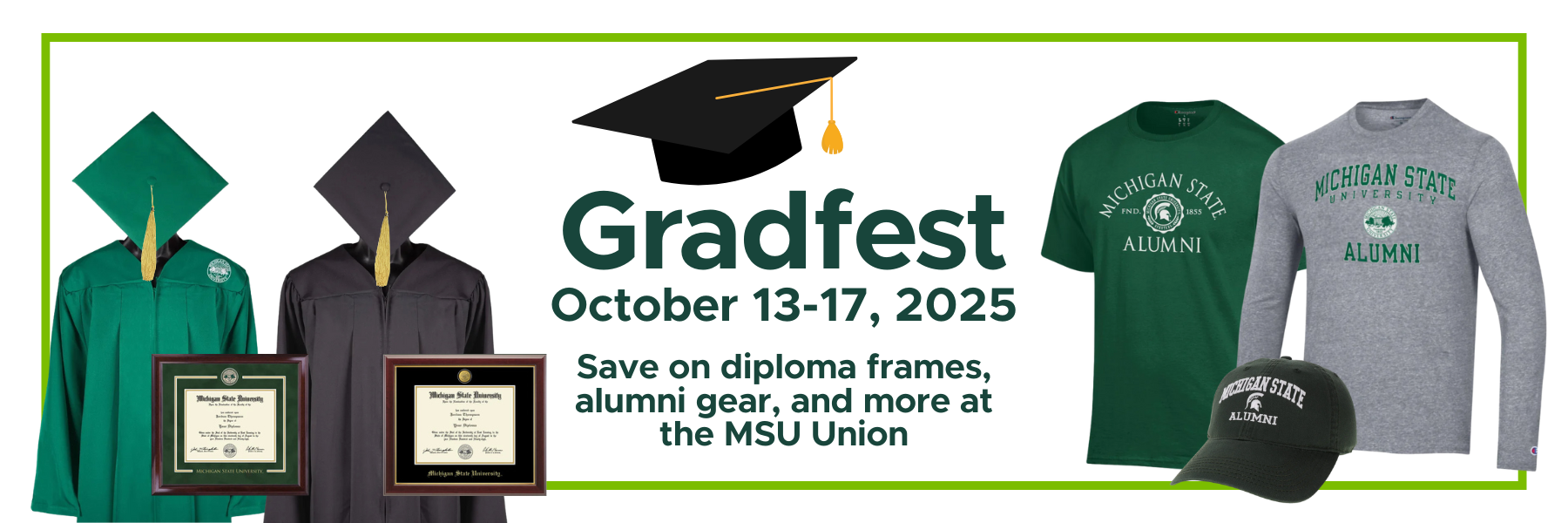 Promotional banner for Gradfest 2025 featuring graduation gear and event details.