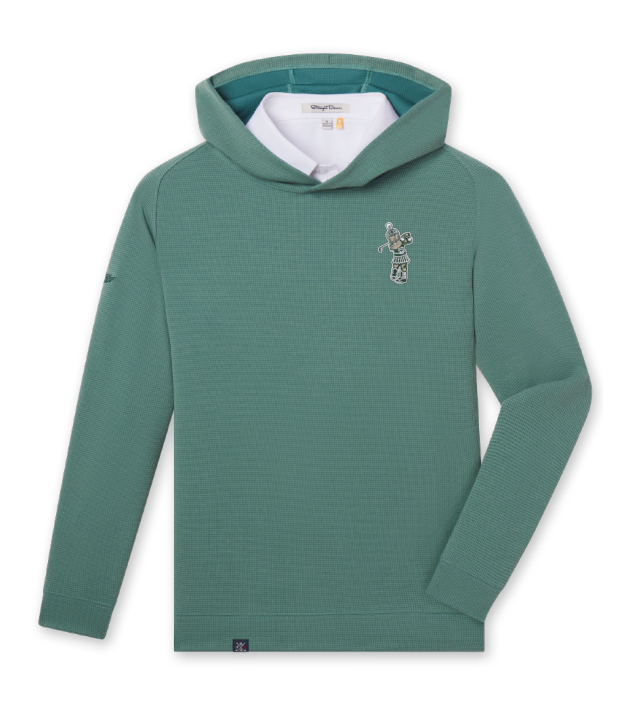 Green hoodie with the Golf Sparty logo on the upper left chest. 