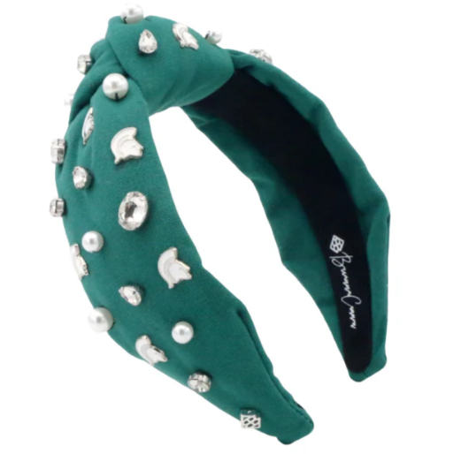 Green headband with pearls, rhinestones, and Spartan Helmet charms. The Brianna Cannon label is on the inside lining.