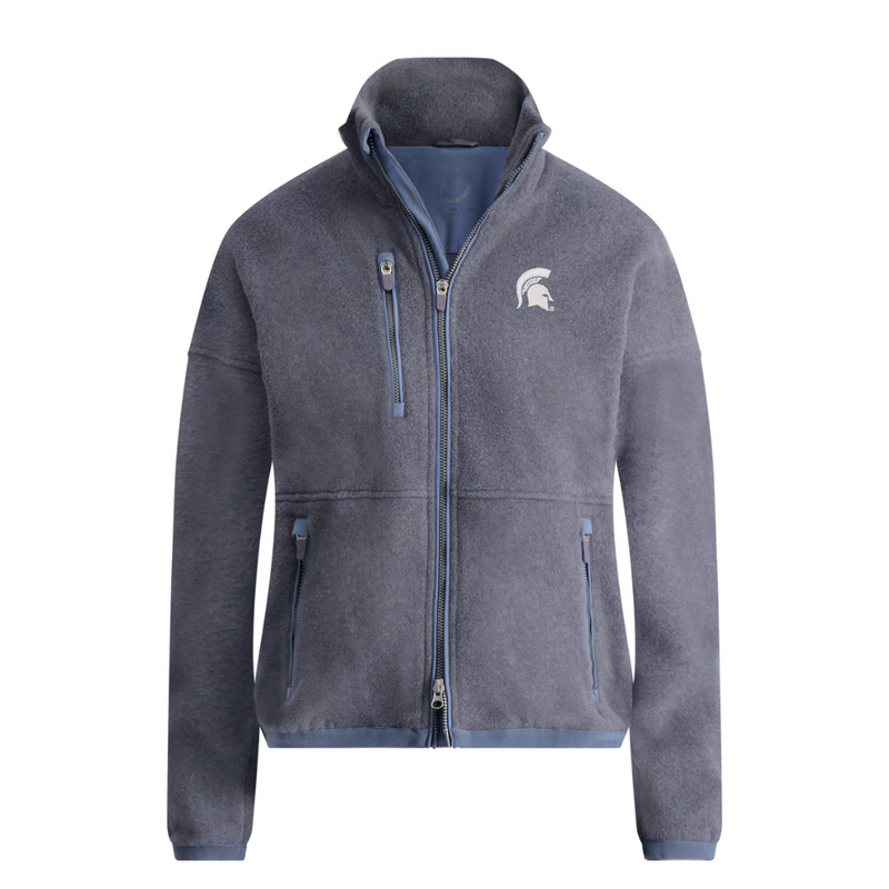 Blue gray fleece jacket with a white spartan helmet logo on a white background
