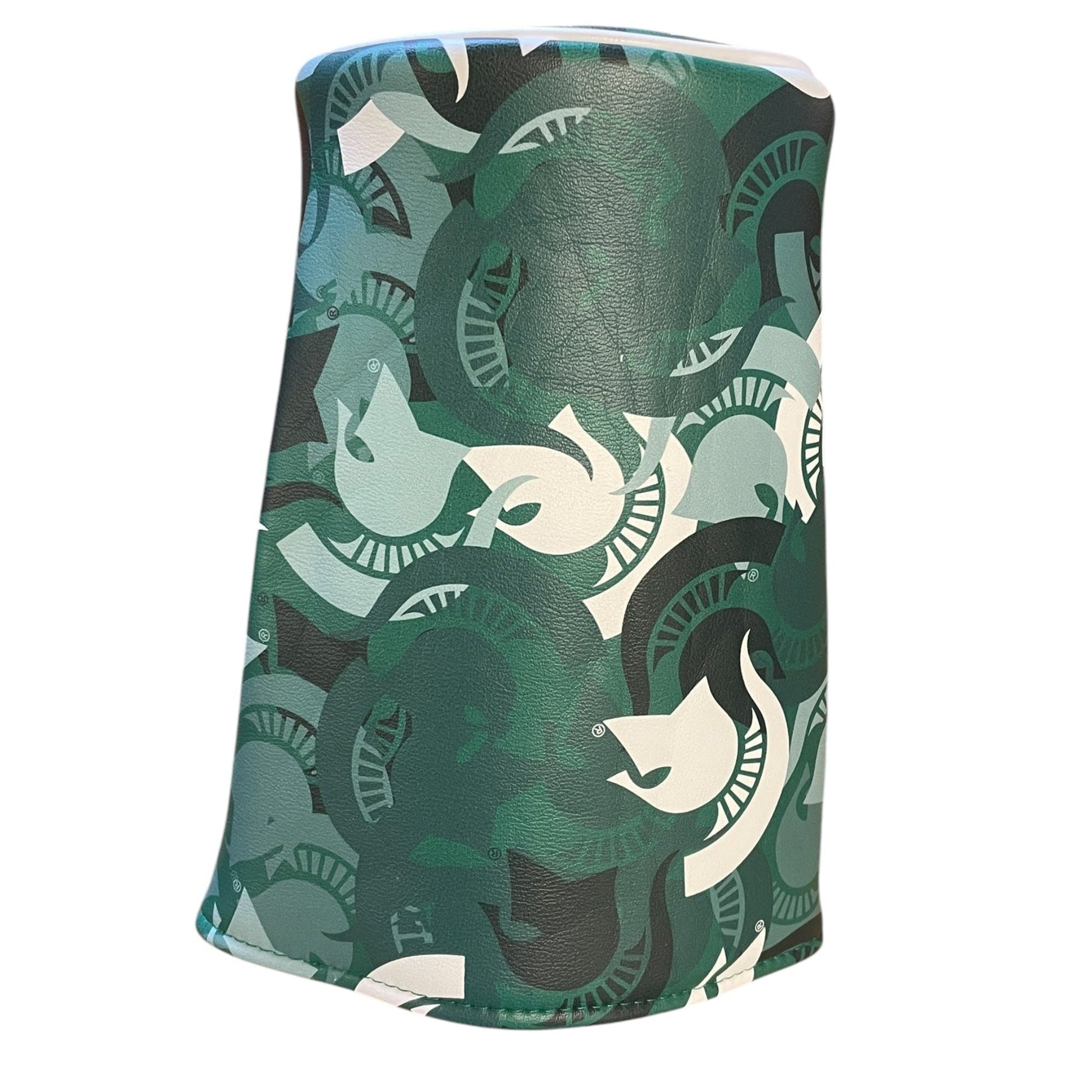 Green barrel cover with green, dark green, light green, and white Spartan Helmets collaged together. Shown on a white background.