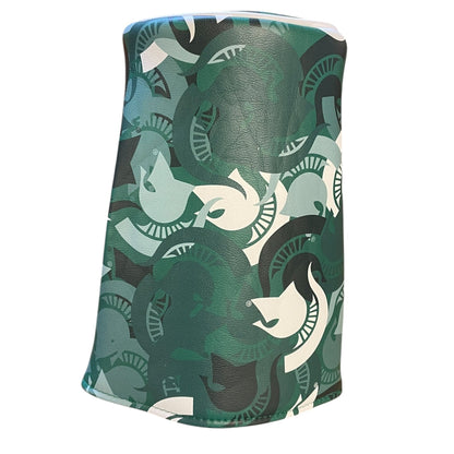 Green barrel cover with green, dark green, light green, and white Spartan Helmets collaged together. Shown on a white background.