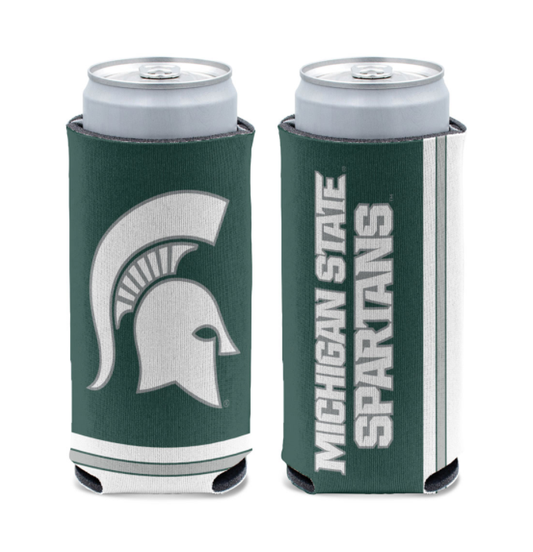 A green can cooler with the Spartan Helmet logo and the text "Michigan State Spartans" displayed on it.