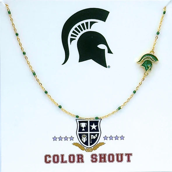 Stainless steel plated in 18k yellow gold necklace with green enamel and a side set green Spartan Helmet charm. 