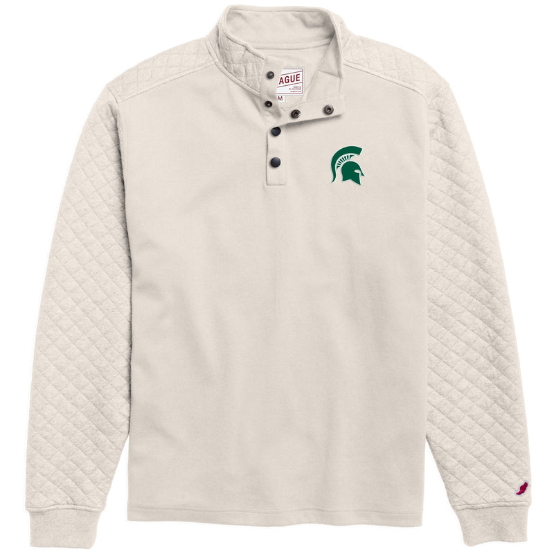 A cream-colored snap up sweatshirt with a green Spartan helmet logo on the upper left chest.