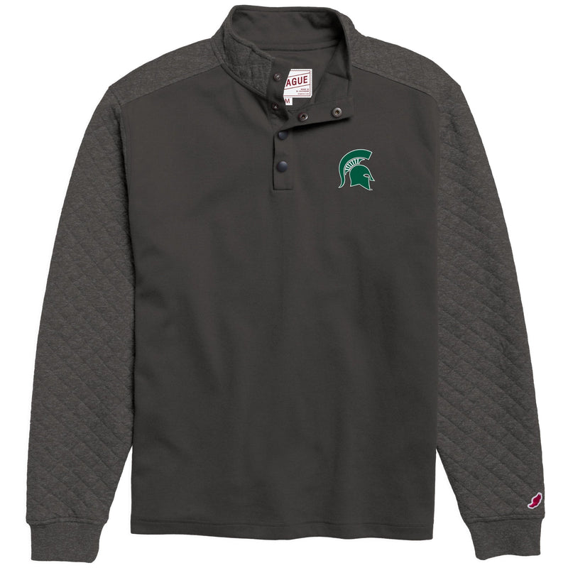 A dark brown snap up sweatshirt wit ha green Spartan helmet logo on the upper left chest.