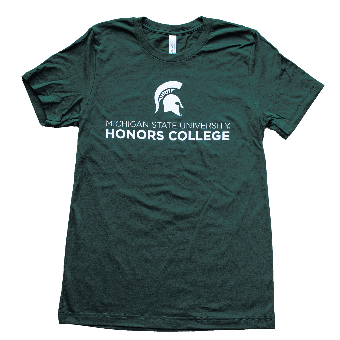 A forest green T-shirt with a white Spartan Helmet logo. Underneath the logo, in white, is the text "Michigan State University Honors College."