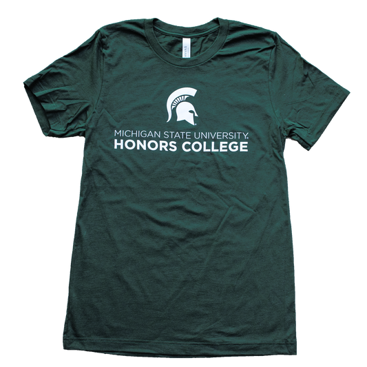 A forest green T-shirt with a white Spartan Helmet logo. Underneath the logo, in white, is the text "Michigan State University Honors College."