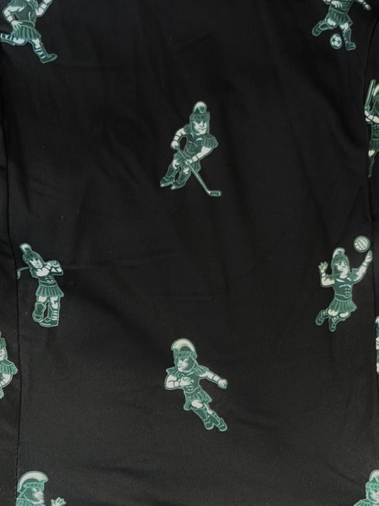 Black background with Sport Sparty, Sports include hockey, football, volleyball, baseball, golf, soccer and running.