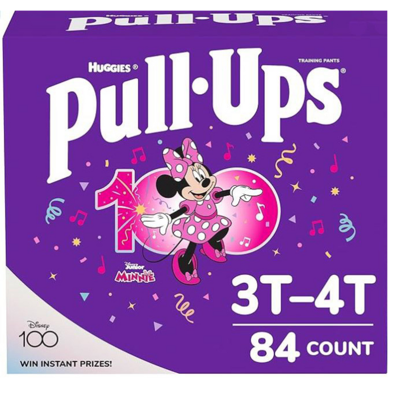 A purple box of Huggies branded pull-up training pants for girls. A graphic of Minnie Mouse is shown underneath the product label with the size being 3T to 4T, with a count of 84.