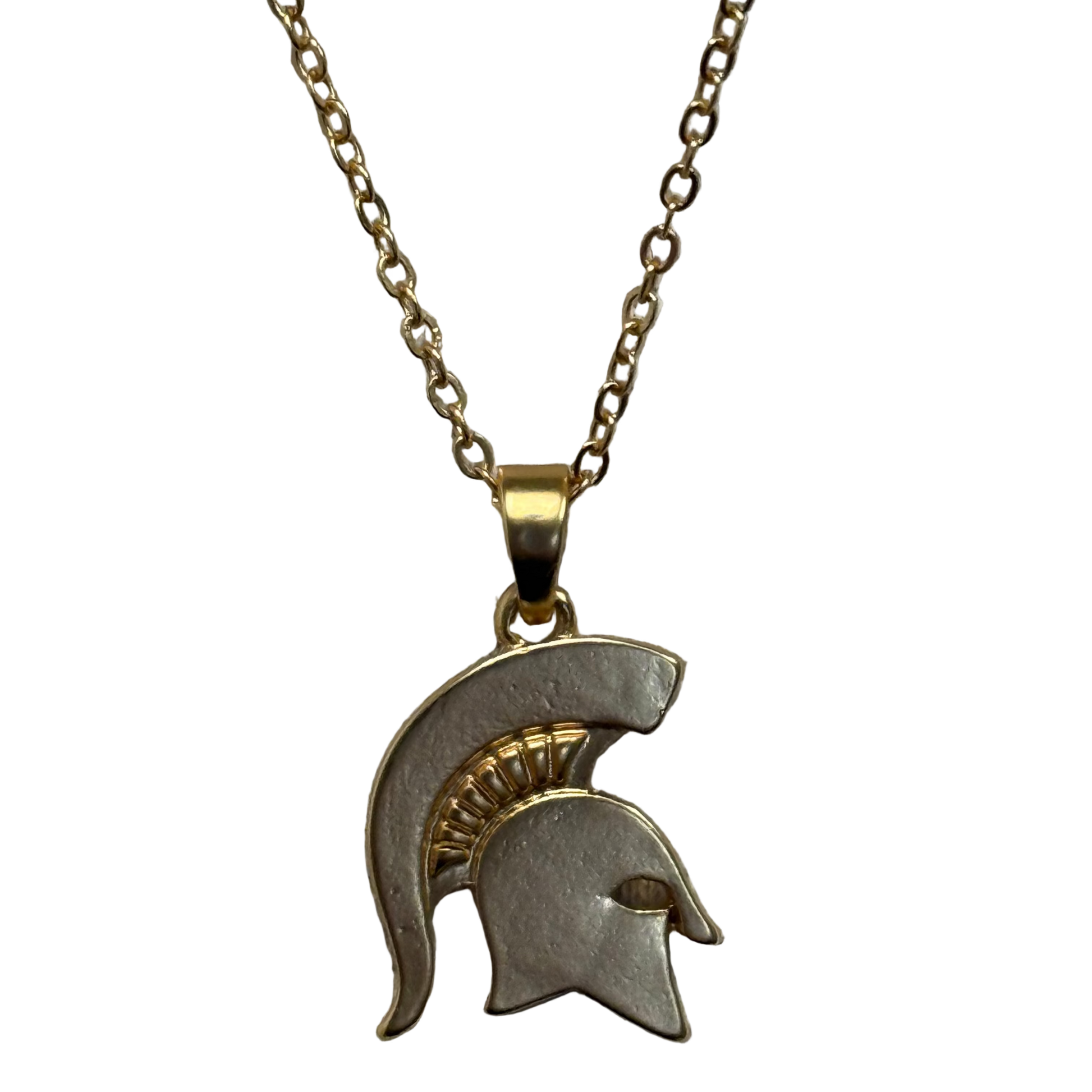 Gold Spartan Helmet charm dangling from a gold chain link necklace. 