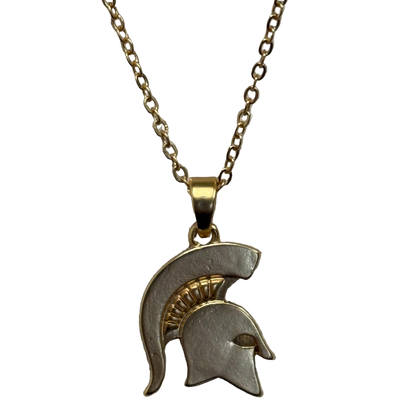 Gold Spartan Helmet charm dangling from a gold chain link necklace. 