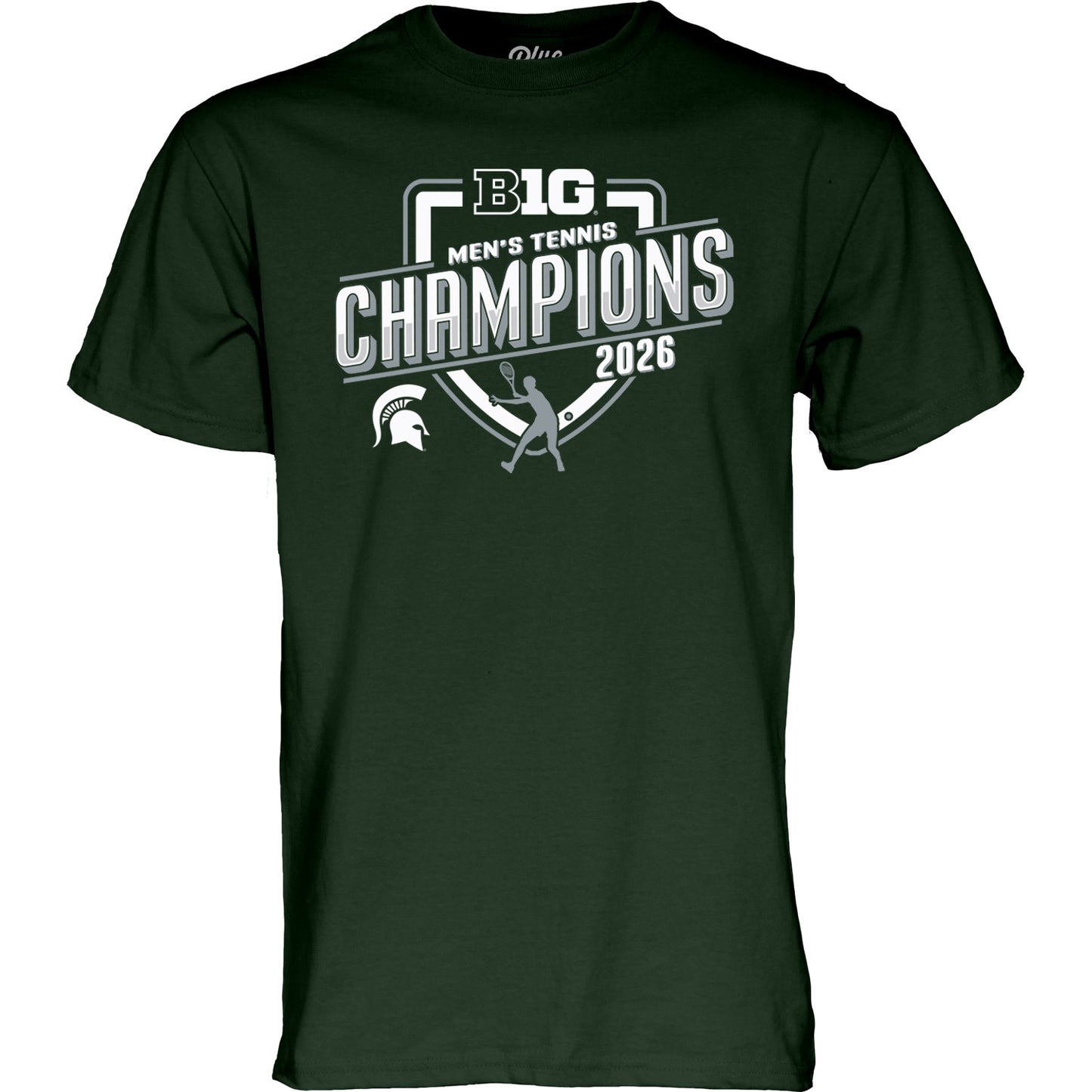 Dark green short sleeve shirt with the B1G Men's Tennis Champions 2026 logo printed boldly in white on the front and a small white Spartan Helmet logo to the right of the logo. 