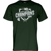 Dark green short sleeve shirt with the B1G Men's Tennis Champions 2026 logo printed boldly in white on the front and a small white Spartan Helmet logo to the right of the logo. 
