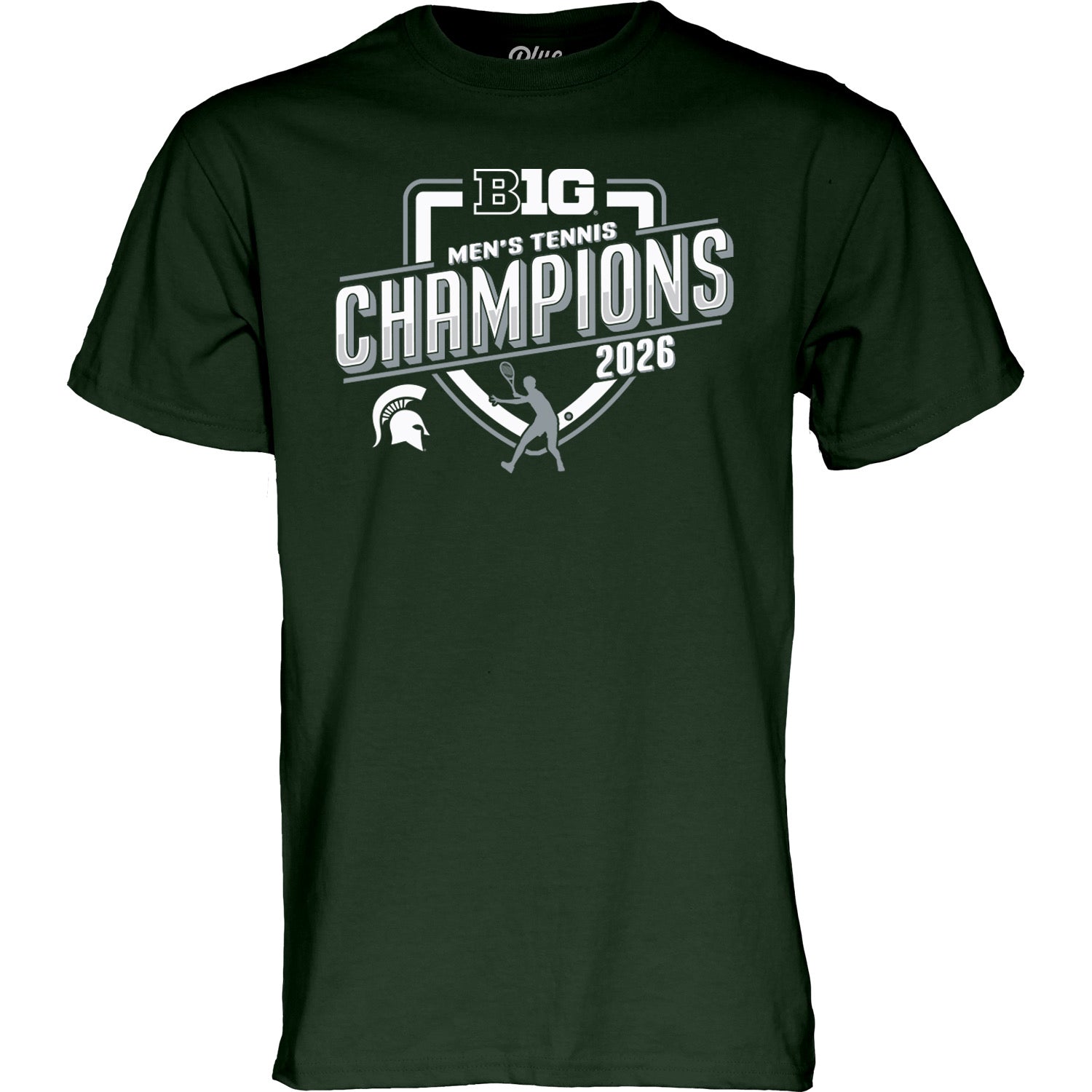 Dark green short sleeve shirt with the B1G Men's Tennis Champions 2026 logo printed boldly in white on the front and a small white Spartan Helmet logo to the right of the logo. 