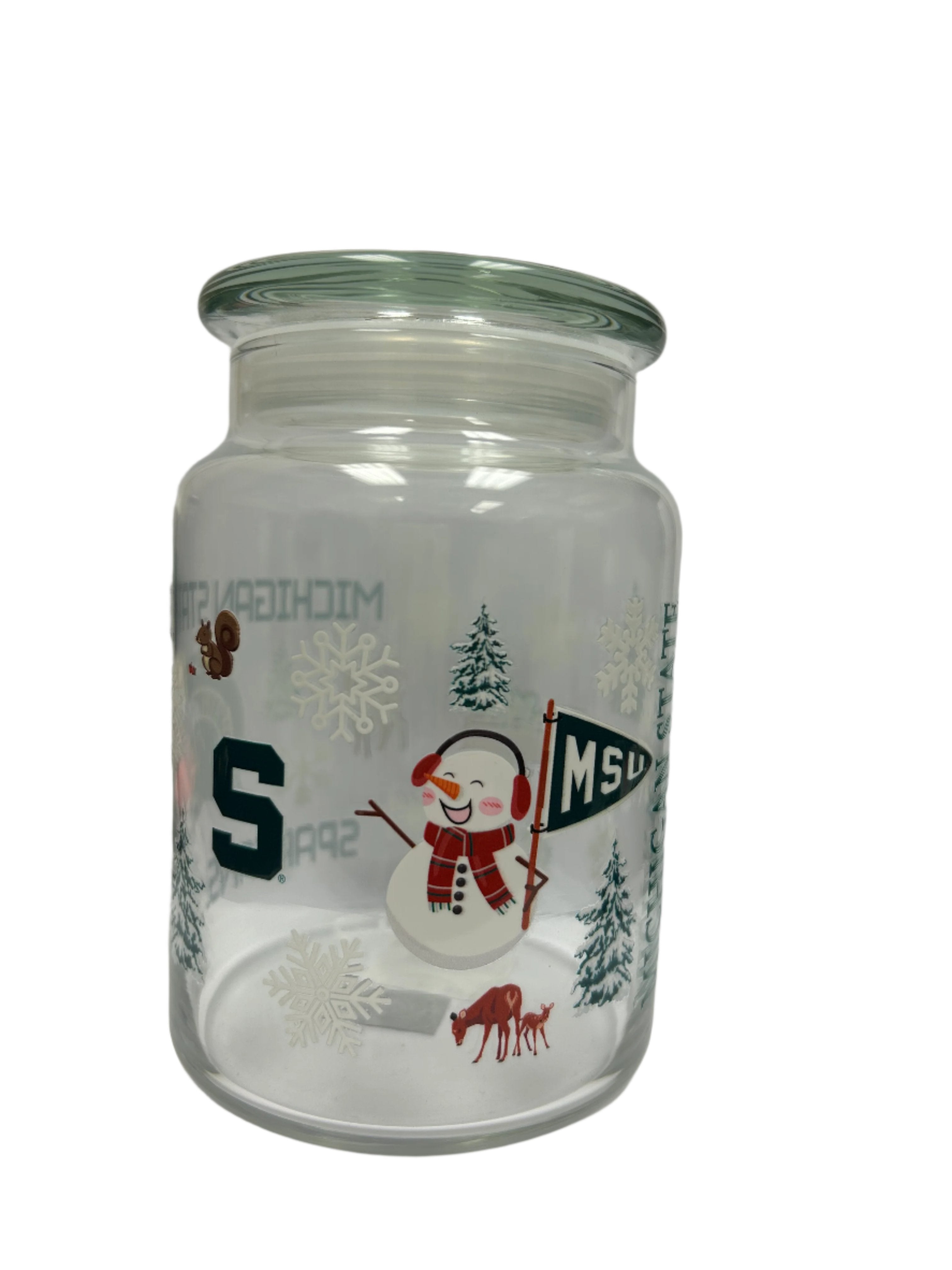 A glass jar patterned with MSU motifs and a snowman holding an MSU flag.