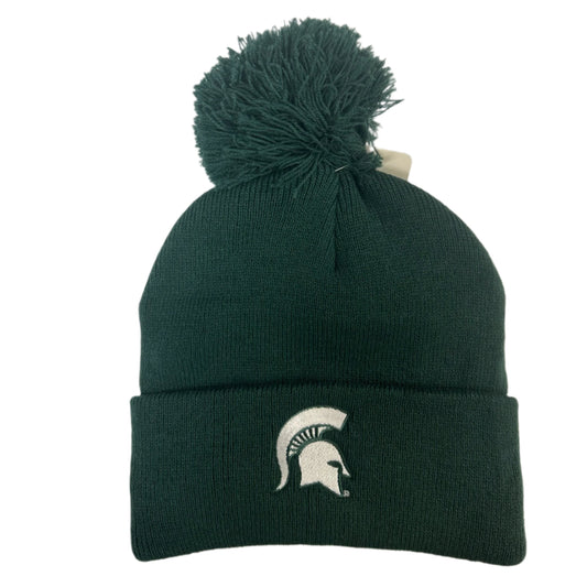 Dark green knit beanie with pom-pom and a white Spartan Helmet logo on cuff.