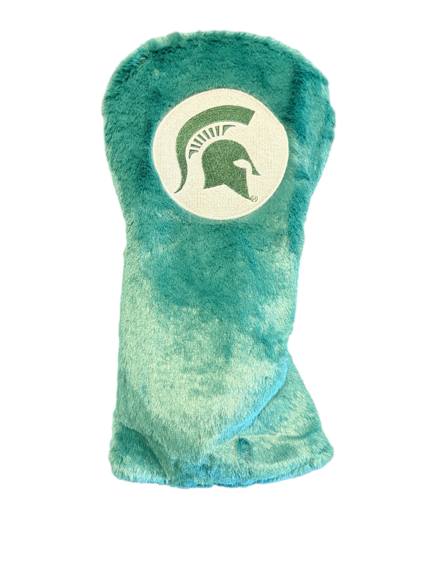 Teal furry golf driver cover with a white patch that has a green Spartan Helmet logo in the middle. 