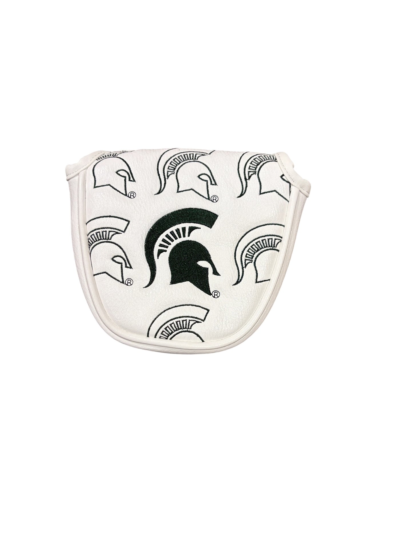 White golf mallet cover patterned with black outlined Spartan Helmet logos and a solid black Spartan Helmet logo in the middle. 