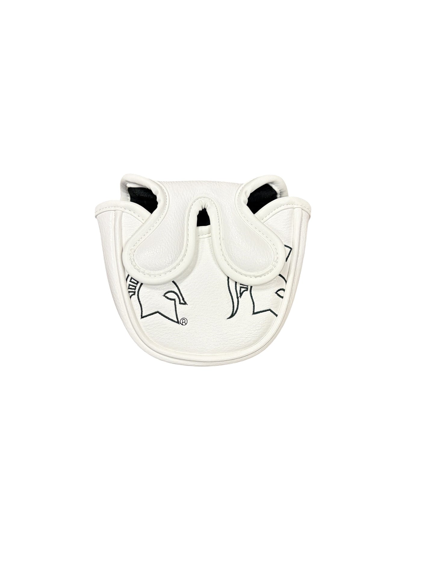Back of a white golf mallet cover with black outlined Spartan Helmet logos.