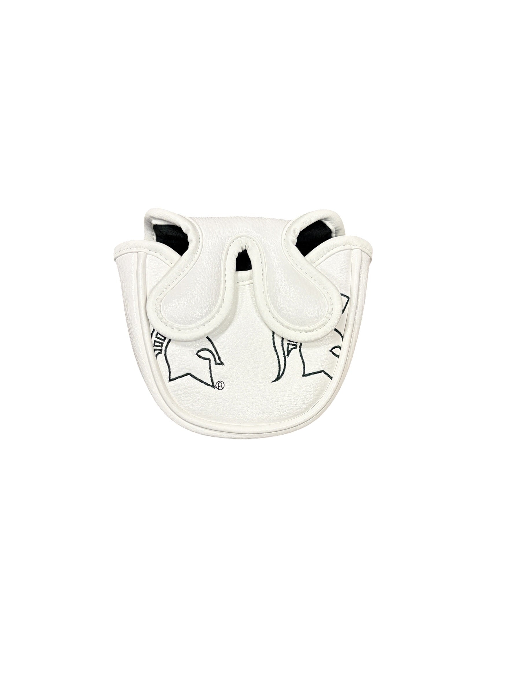 Back of a white golf mallet cover with black outlined Spartan Helmet logos.