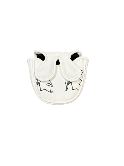 Back of a white golf mallet cover with black outlined Spartan Helmet logos.