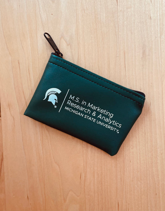 Green zipper pouch with the M.S. in Marketing Research & Analytics Michigan State University logo printed in white. 