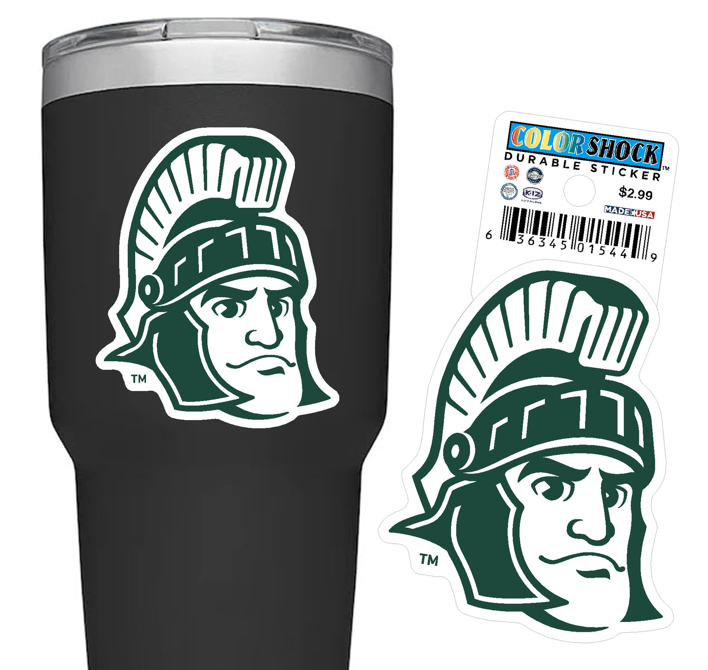 Green and white decal of Sparty's face. On the left side of the image the decal is applied to a water bottle. The right side of the image shows just the decal.