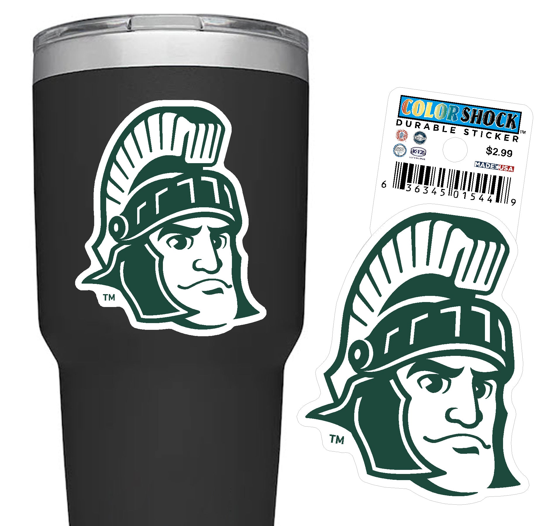 Green and white decal of Sparty's face. On the left side of the image the decal is applied to a water bottle. The right side of the image shows just the decal.