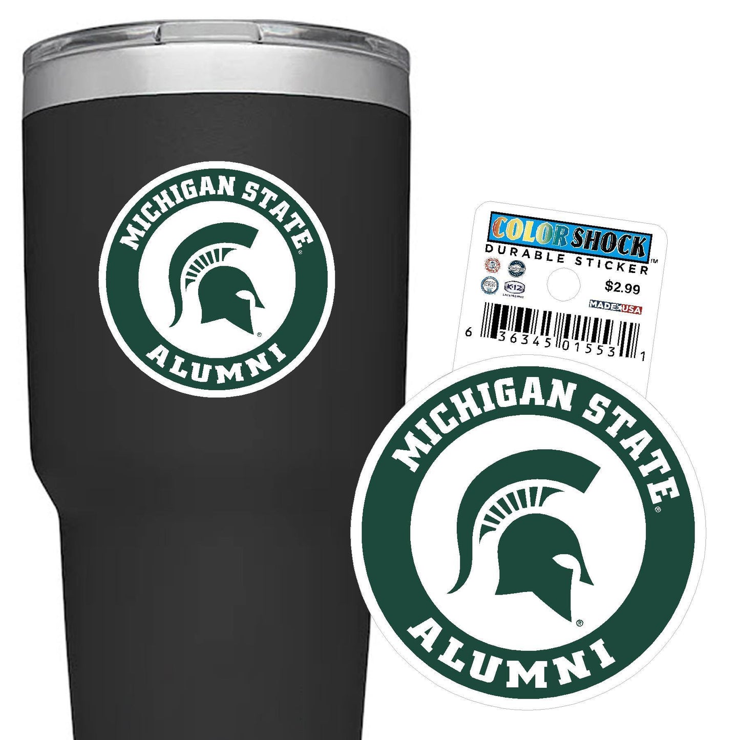 Green and white circle sticker that reads "Michigan State Alumni" around the outside and a green Spartan Helmet logo in the middle. The left side of the image shows the decal applied to a water bottle and the left side of the image features just the decal. 