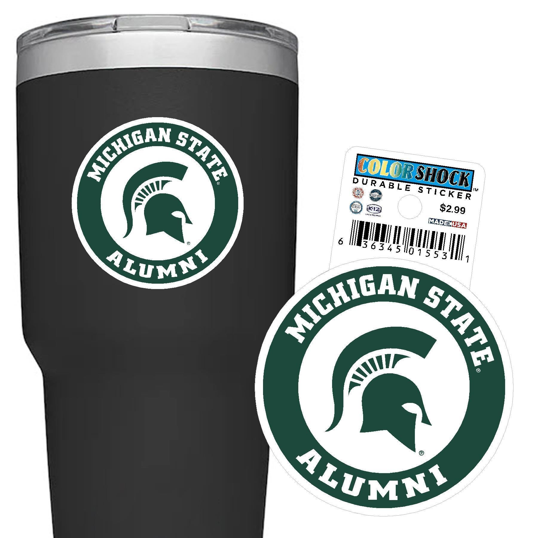 Green and white circle sticker that reads "Michigan State Alumni" around the outside and a green Spartan Helmet logo in the middle. The left side of the image shows the decal applied to a water bottle and the left side of the image features just the decal. 
