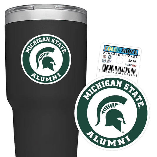 Green and white circle sticker that reads "Michigan State Alumni" around the outside and a green Spartan Helmet logo in the middle. The left side of the image shows the decal applied to a water bottle and the left side of the image features just the decal. 