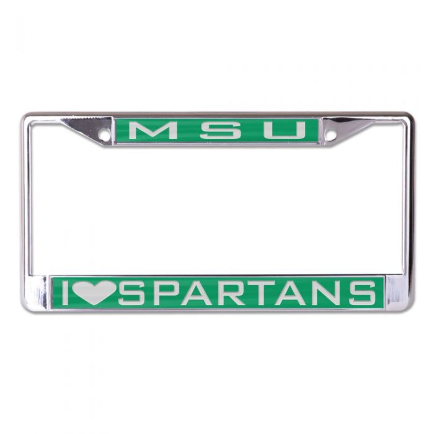 Silver license plate cover with a green plate at top with MSU in white. At the bottom of the cover is another green plate that says, "I heart Spartans" with the word heart being represented by a heart shape.