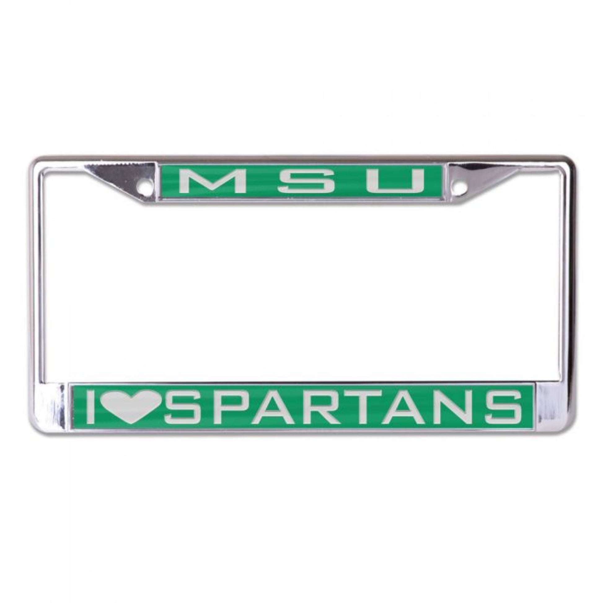 Silver license plate cover with a green plate at top with MSU in white. At the bottom of the cover is another green plate that says, "I heart Spartans" with the word heart being represented by a heart shape.