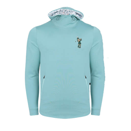 Blue hoodie with two zipper pockets on either side, a white and patterned print on the inner lining of the hood, and the Golf Sparty logo on the upper left chest. 
