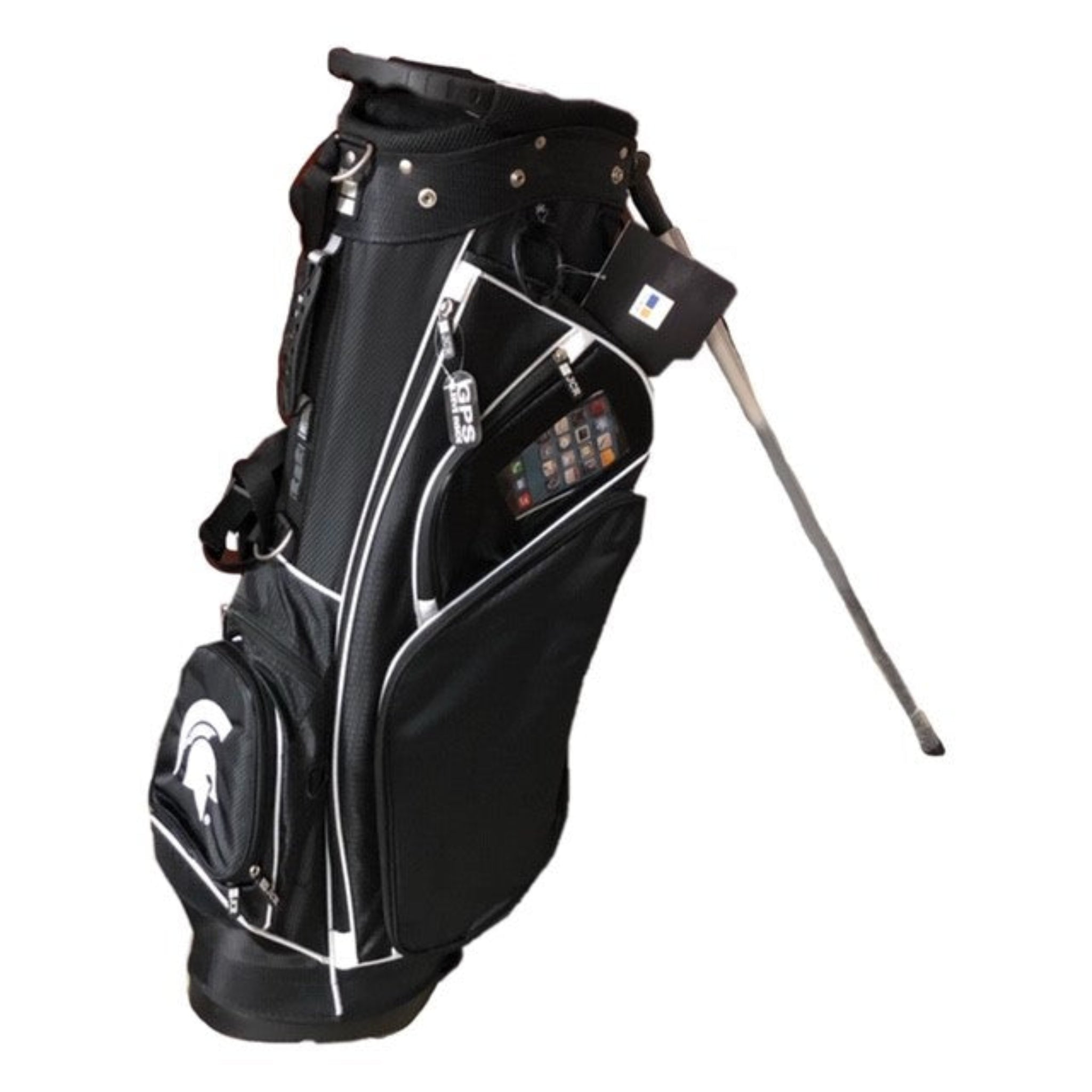 A black and white golf stand bag with multiple pockets and a logo on the top, equipped with a smart phone pocket and a rain hood.
