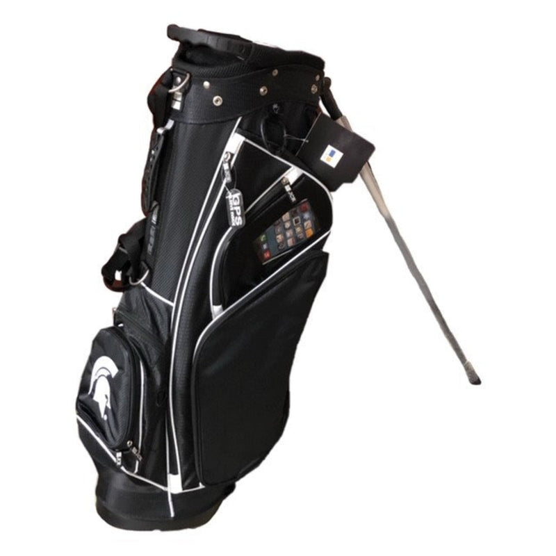 A black and white golf stand bag with multiple pockets and a logo on the top, equipped with a smart phone pocket and a rain hood.