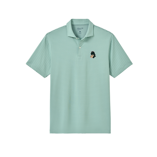 Light mint green short-sleeve striped performance polo shirt featuring thin white horizontal stripes, a three-button placket, and a small embroidered Michigan State Spartans Gruff Sparty logo on the left chest.