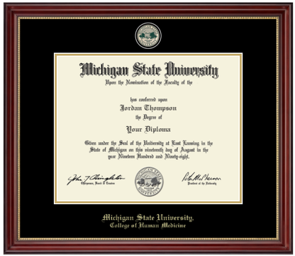 A dark cherry colored frame with gold accent on inner frame. Black matting with gold accent surrounding opening for diploma. At top is a gold engraved Michigan State University seal. Bottom of matting in gold letters "Michigan State University." Below in gold letters "College of Human Medicine."