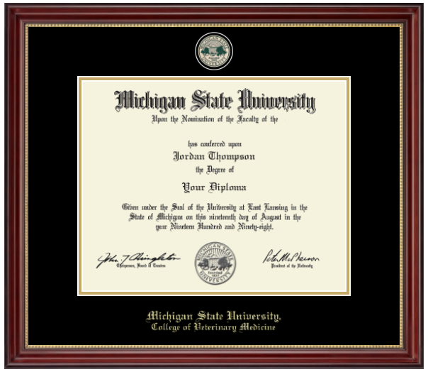 A dark cherry colored frame with gold accent on inner frame. Black matting with gold accent surrounding opening for diploma. At top is a gold engraved Michigan State University seal. Bottom of matting in gold letters "Michigan State University." Below in gold letters "College of Veterinary Medicine."