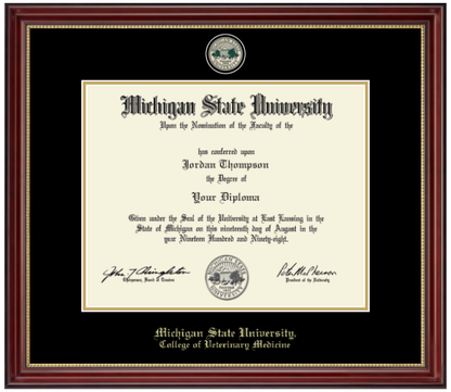 A dark cherry colored frame with gold accent on inner frame. Black matting with gold accent surrounding opening for diploma. At top is a gold engraved Michigan State University seal. Bottom of matting in gold letters "Michigan State University." Below in gold letters "College of Veterinary Medicine."