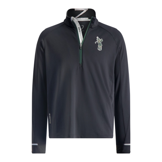 Black long-sleeve quarter-zip pullover with white and green zipper detailing, embroidered Golf Sparty logo on the left chest, and 'ZERO' text on the left sleeve.