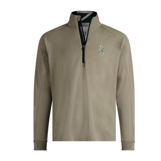 Khaki long-sleeve quarter-zip performance pullover with a stand-up collar, black contrast zipper, and an embroidered vintage Michigan State Spartans mascot logo on the left chest. Features a clean, athletic fit with subtle seam detailing and is displayed against a transparent background.